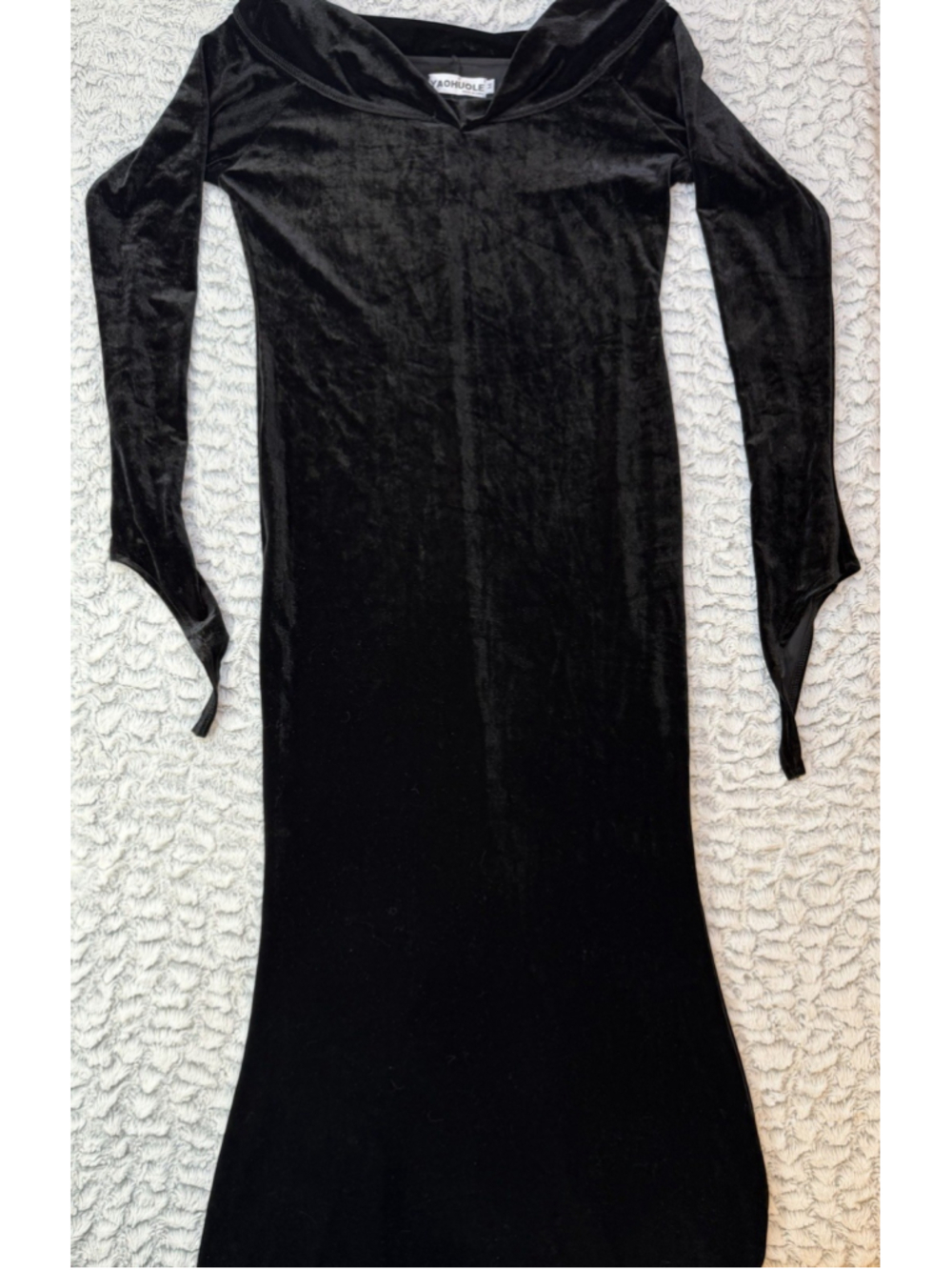 YAOHUOLE Black Velvet Maxi Dress V-Neck Long Sleeve Hooded Stretch Size M